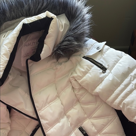 Nautica White Puffer Jacket with Faux Fur Hood - Picture 2 of 3